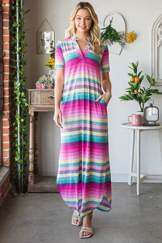 Heimish Full Size Striped Short Sleeve Maxi Tee Dress Plus Size - Trendsi - Flyclothing LLC