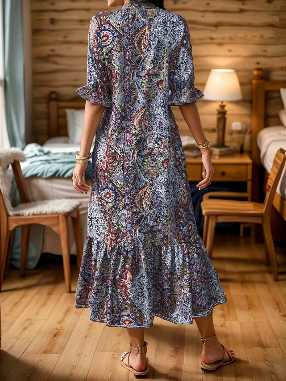 Full Size Bohemian Paisley Print Ruffle Hem Midi Dress Plus Size - Trendsi - Flyclothing LLC
