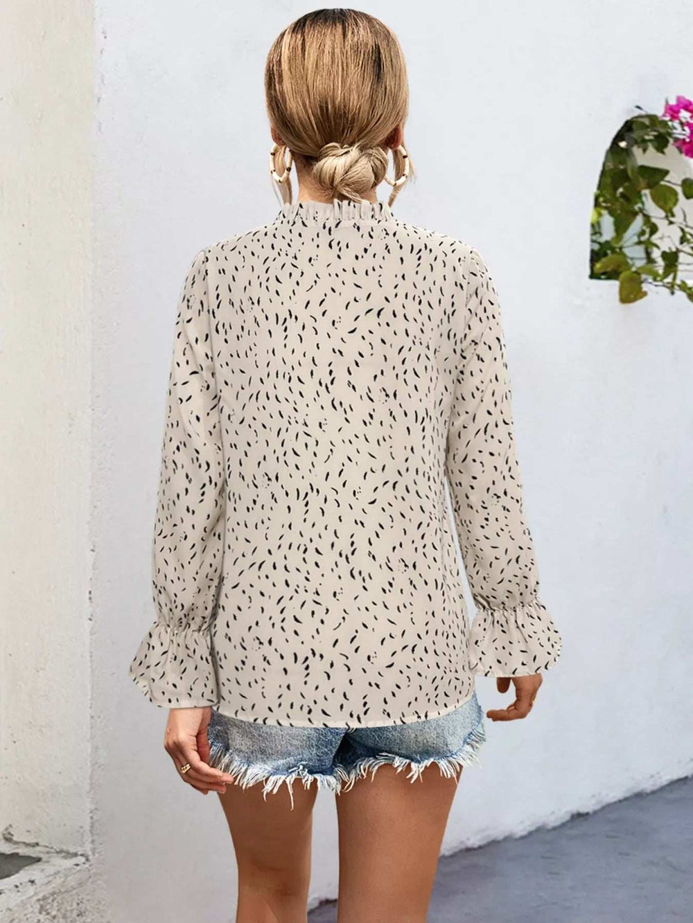 Ruffled Printed Tie Neck Long Sleeve Blouse - Trendsi - Flyclothing LLC
