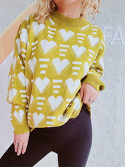 Heart Contrast Long Sleeve Dropped Shoulder Sweater - Trendsi