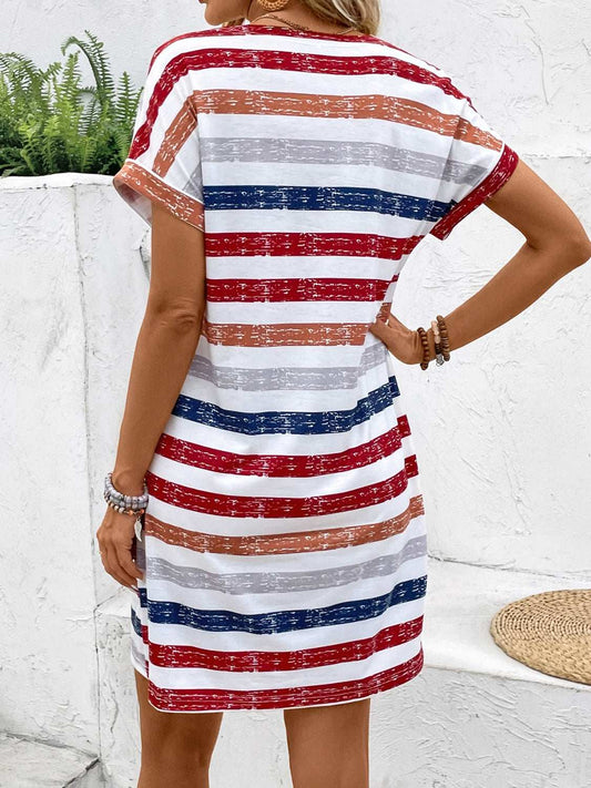 Striped V-Neck Short Sleeve Dress - Trendsi - Flyclothing LLC