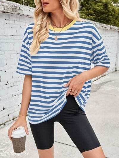 Lovelet Striped Round Neck Half Sleeve T-Shirt - Trendsi - Flyclothing LLC