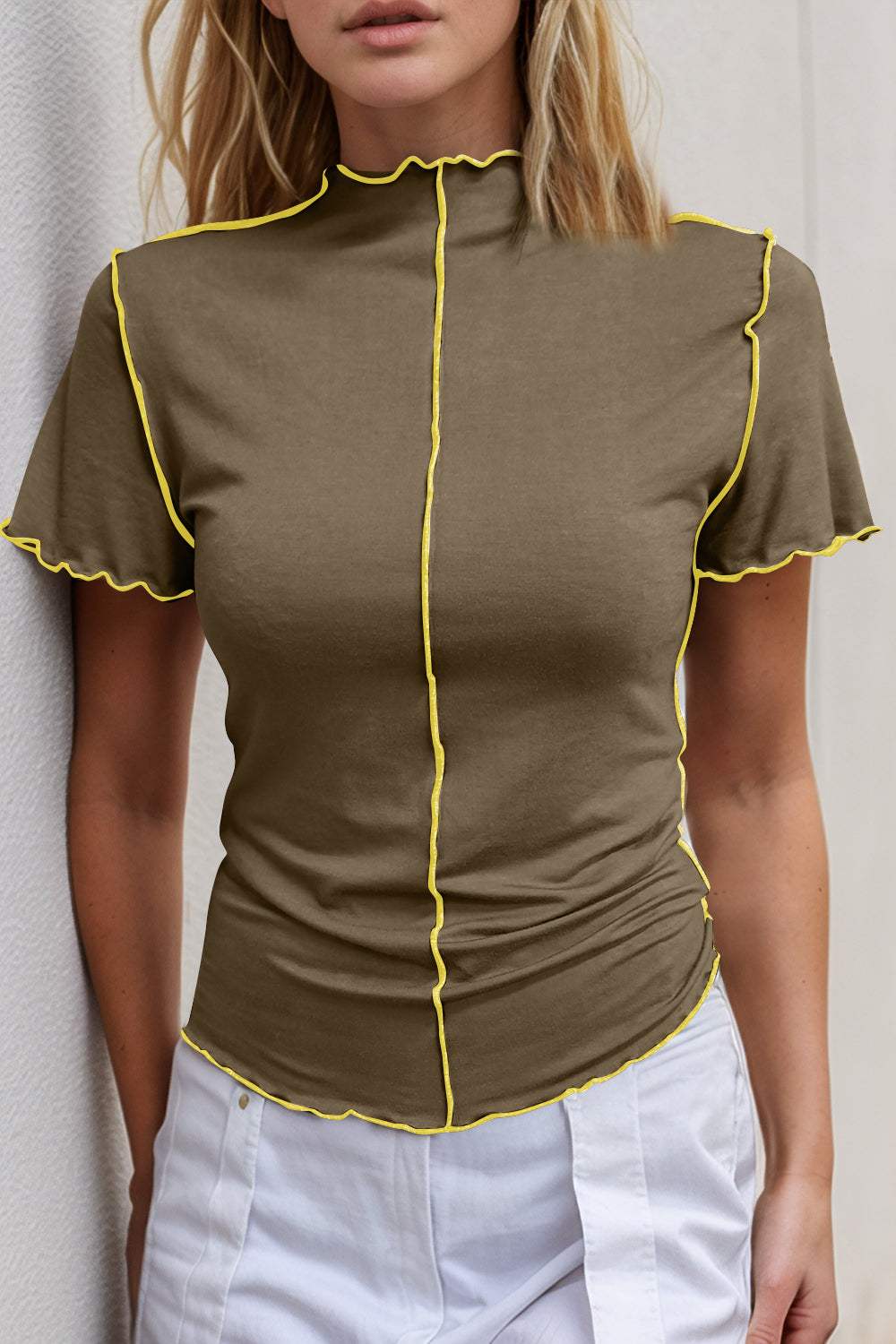 Basic Bae Contrast Trim Mock Neck Short Sleeve T-Shirt - Trendsi - Flyclothing LLC