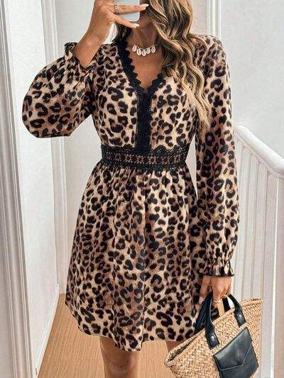 Lace Detail Leopard Flounce Sleeve Mini Dress - Trendsi - Flyclothing LLC