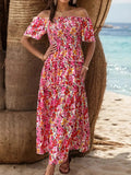 Slit Floral Off-Shoulder Short Sleeve Dress - Trendsi