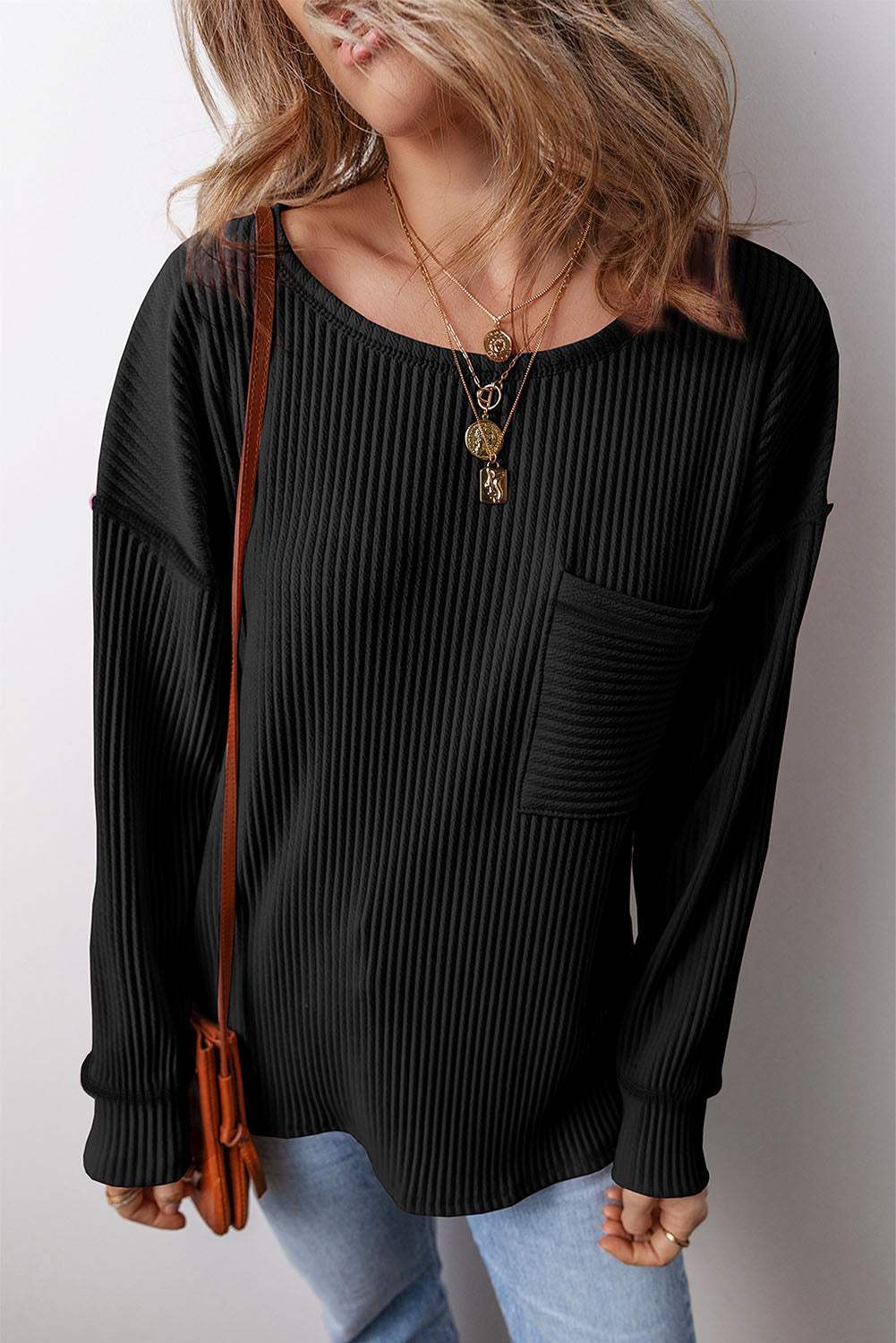 Pocketed Round Neck Long Sleeve Top - Trendsi - Flyclothing LLC
