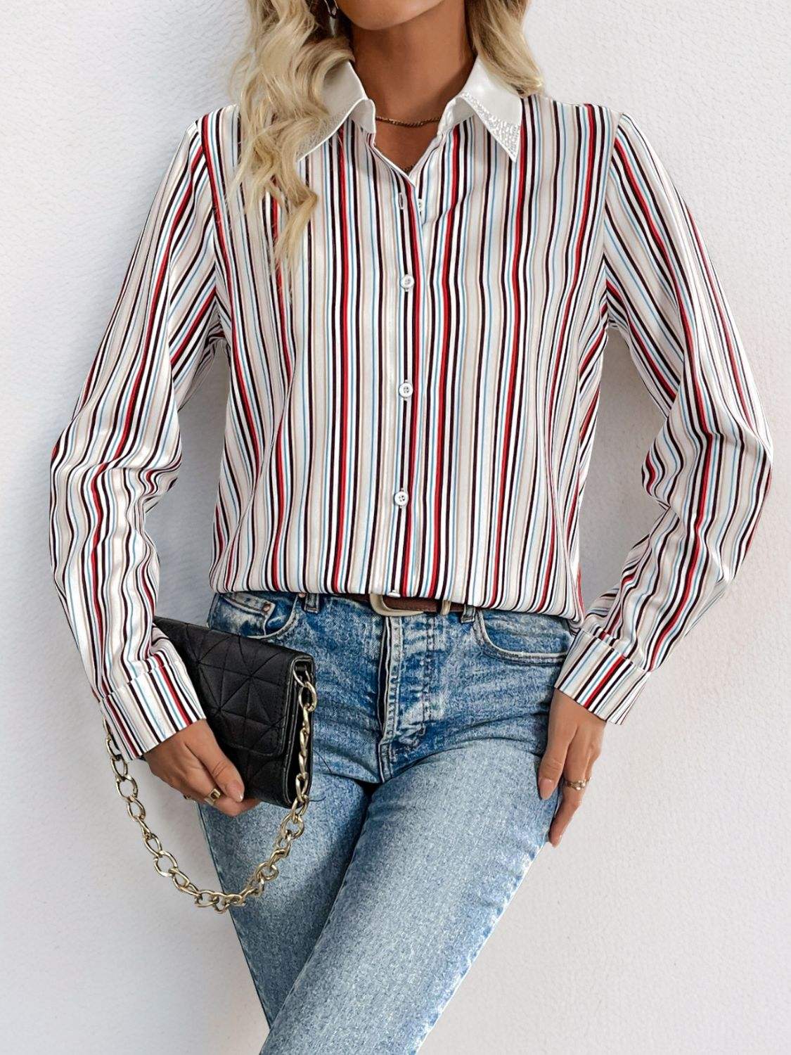Perfee Contrast Striped Collared Neck Long Sleeve Shirt - Trendsi - Flyclothing LLC