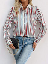 Perfee Contrast Striped Collared Neck Long Sleeve Shirt - Trendsi - Flyclothing LLC