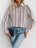 Perfee Contrast Striped Collared Neck Long Sleeve Shirt - Trendsi