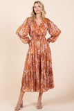 Mittoshop Flower Print Satin Lurex Stripe Smocked Midi Dress - Trendsi