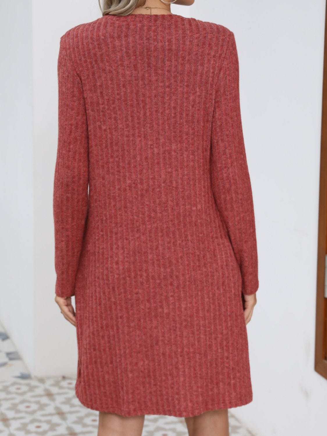 Decorative Button Round Neck Long Sleeve Dress - Trendsi