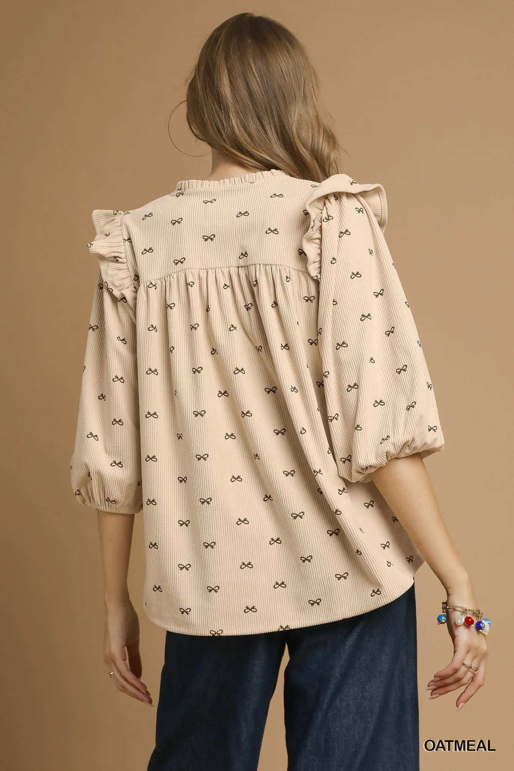 Umgee Bow Print Corduroy Puff Sleeve Blouse with Ruffled - Trendsi - Flyclothing LLC