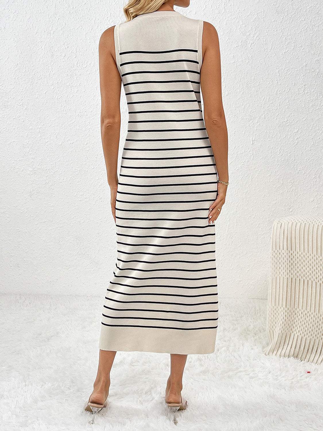 Round Neck Sleeve Midi Knit Dress - Trendsi - Flyclothing LLC