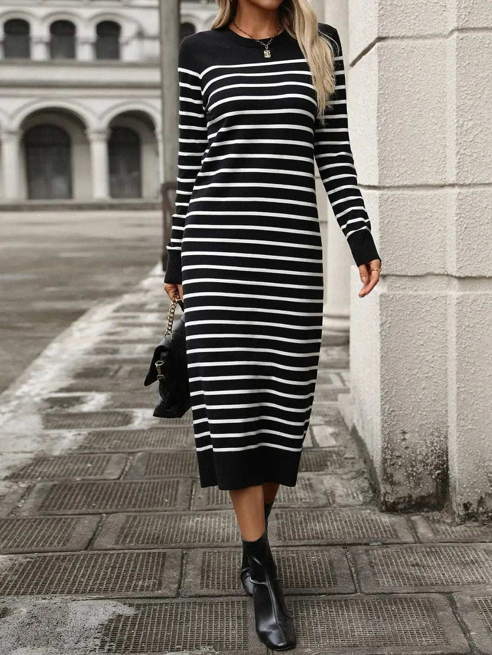 Striped Round Neck Long Sleeve Dress - Trendsi - Flyclothing LLC