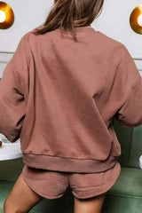 COFFEE Sequin Round Neck Long Sleeve Top and Shorts Set - Trendsi - Flyclothing LLC