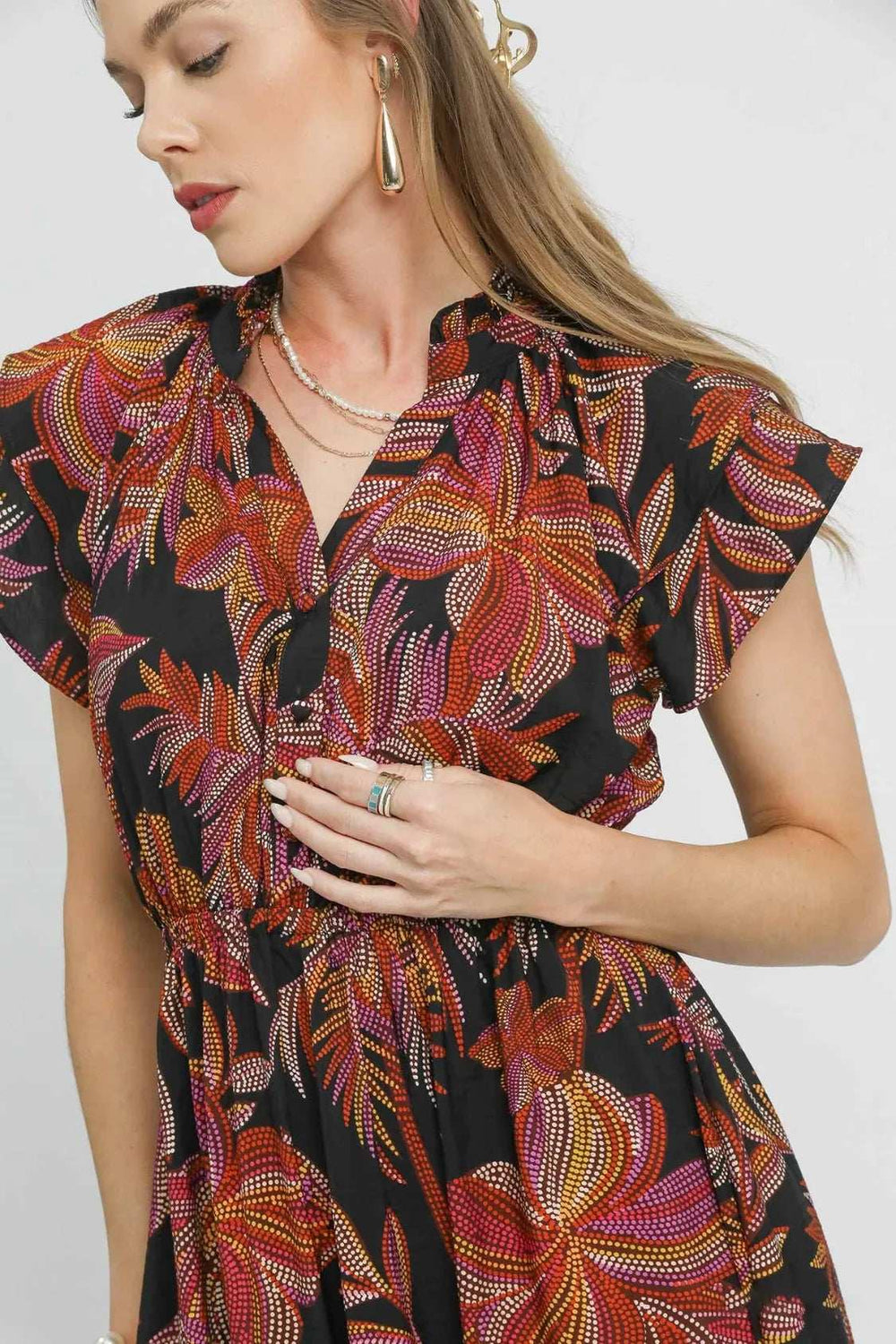 Umgee Mix Ruffle Sleeve Tropical Midi Dress - Trendsi - Flyclothing LLC