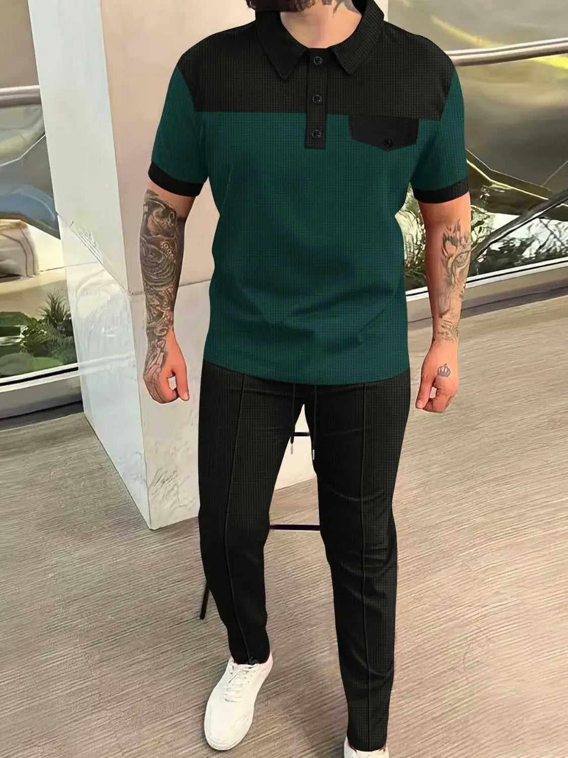 Men‘s Full Size Waffle-Knit Contrast Top and Pants Set Plus Size - Trendsi - Flyclothing LLC