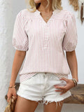 Striped Notched Puff Sleeve Blouse - Trendsi - Flyclothing LLC