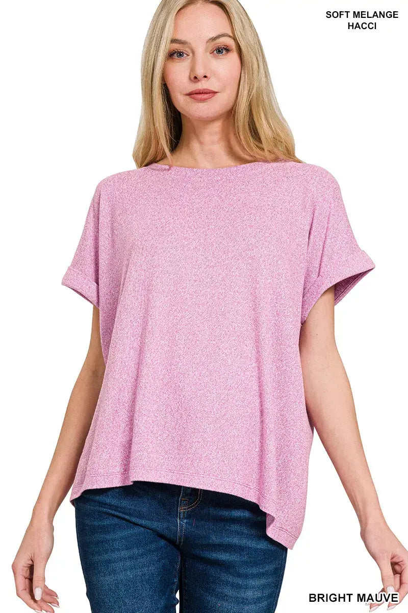 Zenana Soft Melange Hacci Short Sleeve Round Neck Top - Trendsi - Flyclothing LLC