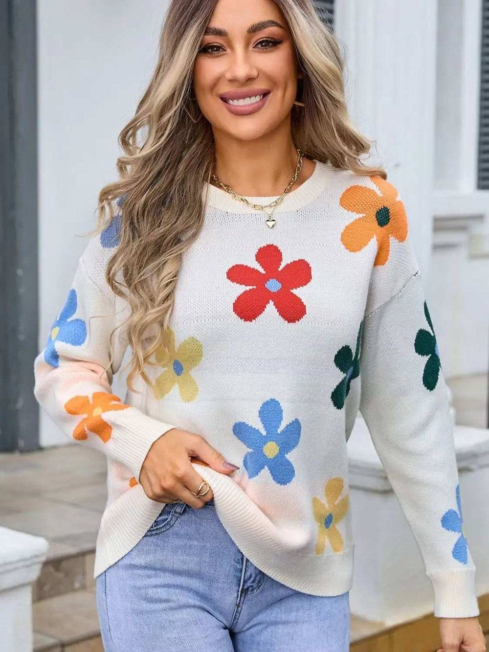 Flower Round Neck Long Sleeve Sweater - Trendsi - Flyclothing LLC