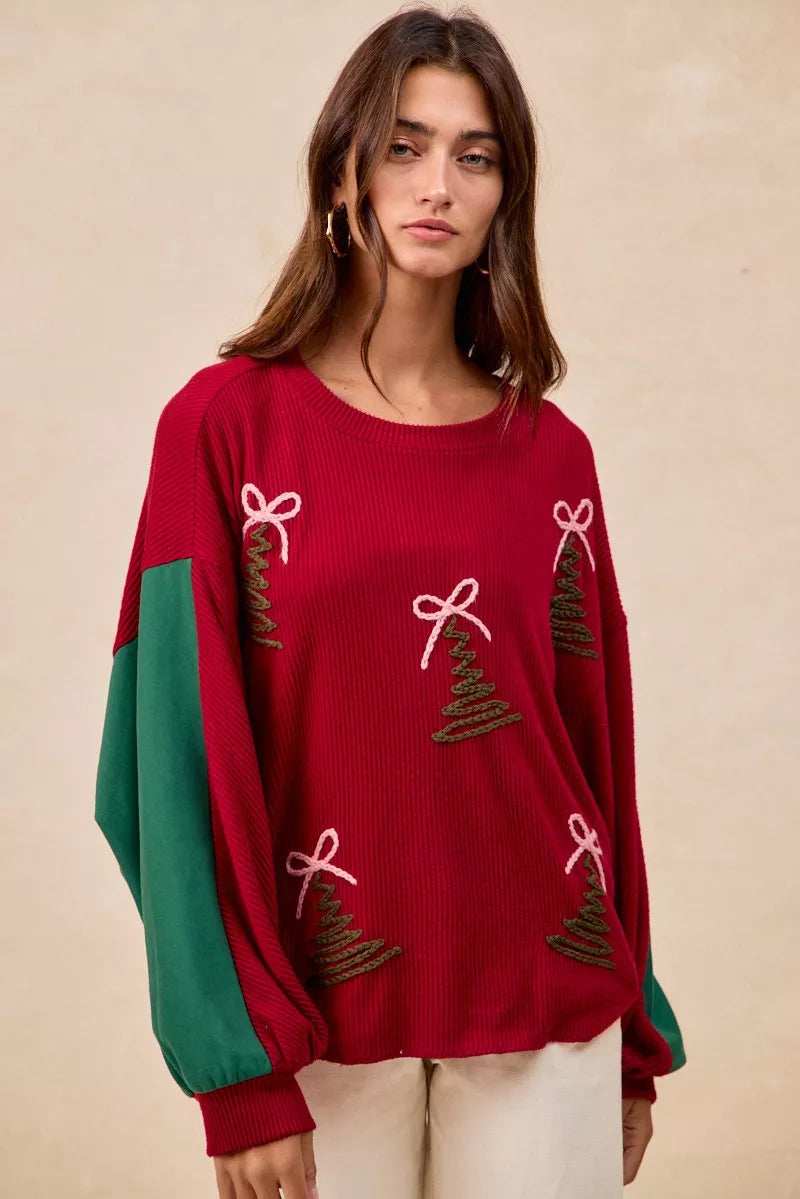 BiBi Christmas Theme Tree Embroidered Sweater - Trendsi - Flyclothing LLC