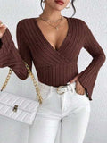 Ribbed Flare Sleeve Top - Trendsi - Flyclothing LLC