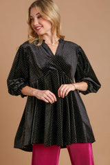 Umgee Full Size Beaded Frill Flounce Sleeve Velvet Babydoll Blouse - Trendsi - Flyclothing LLC