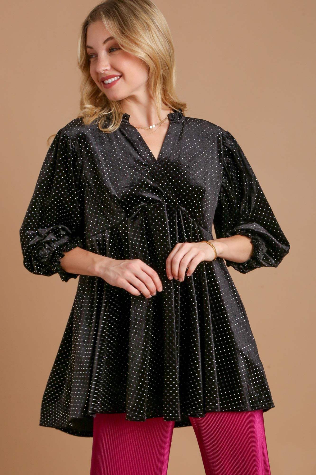 Umgee Full Size Beaded Frill Flounce Sleeve Velvet Babydoll Blouse - Trendsi - Flyclothing LLC