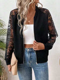 Lace Baseball Collar Zip Up Jacket - Trendsi - Flyclothing LLC