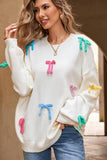Contrast Bow Round Neck Dropped Shoulder Sweater - Trendsi