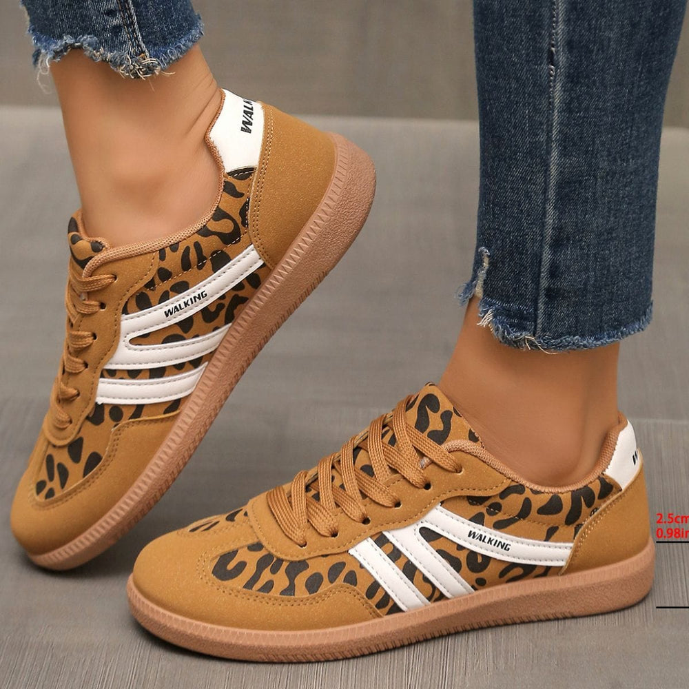 Leopard Round Toe Lace Up Sneakers - Trendsi