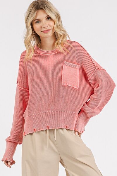 Mittoshop Distressed Hem Round Neck Dropped Shoulder Sweater - Trendsi