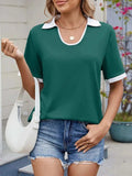 Contrast Trim Collar Short Sleeve Casual T-Shirt - Trendsi - Flyclothing LLC