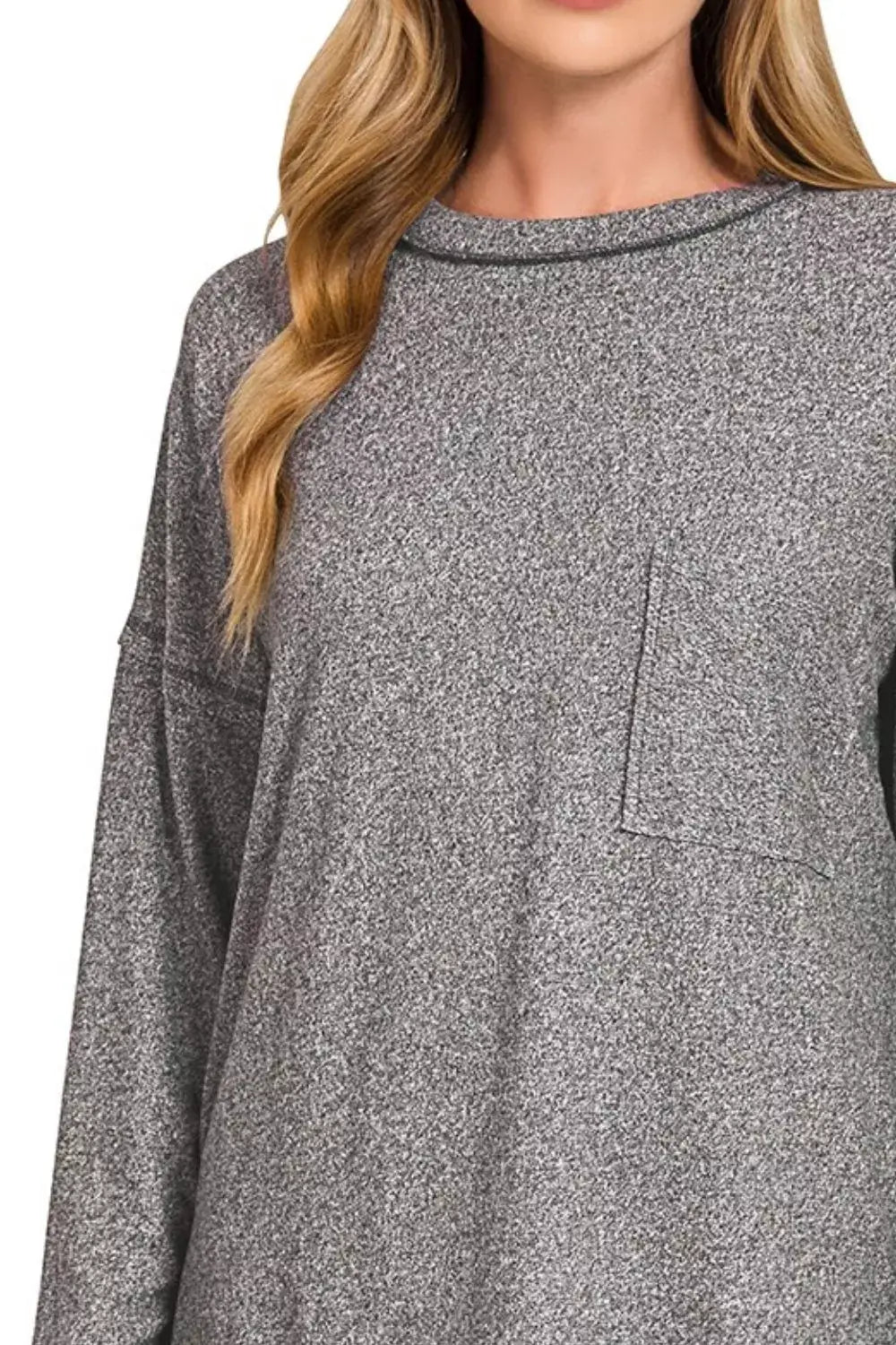 Zenana Soft Melange Hacci Round-Neck Long Sleeve T-Shirt - Trendsi - Flyclothing LLC