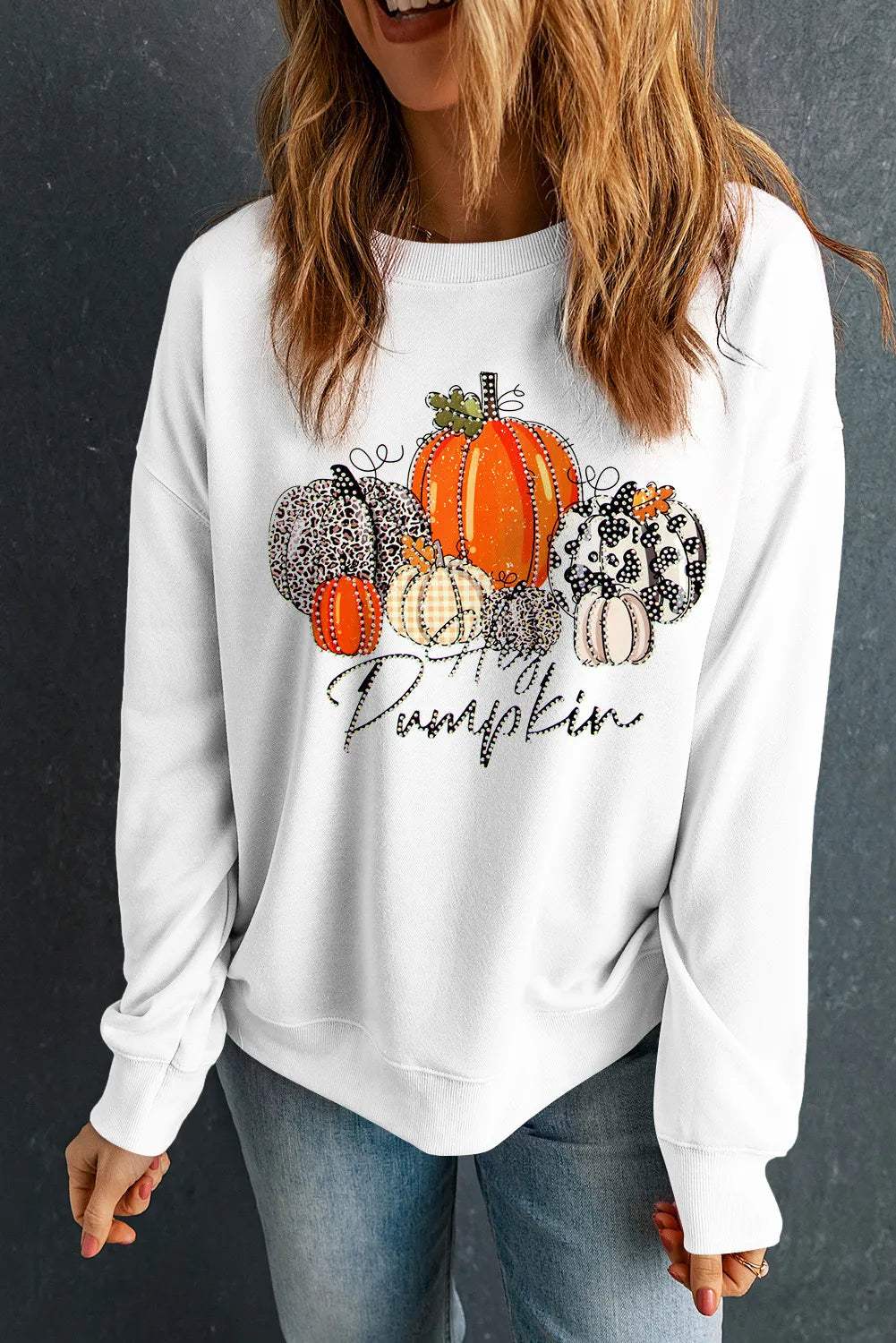 Pumpkin Graphic Round Neck Dropped Shoulder Sweatshirt - Trendsi - Flyclothing LLC