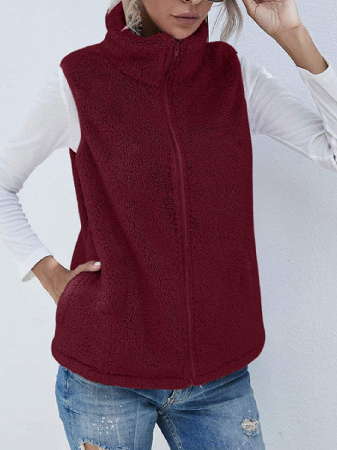 Full Size Fuzzy Zip Up Vest Coat with Pockets - Trendsi - Flyclothing LLC