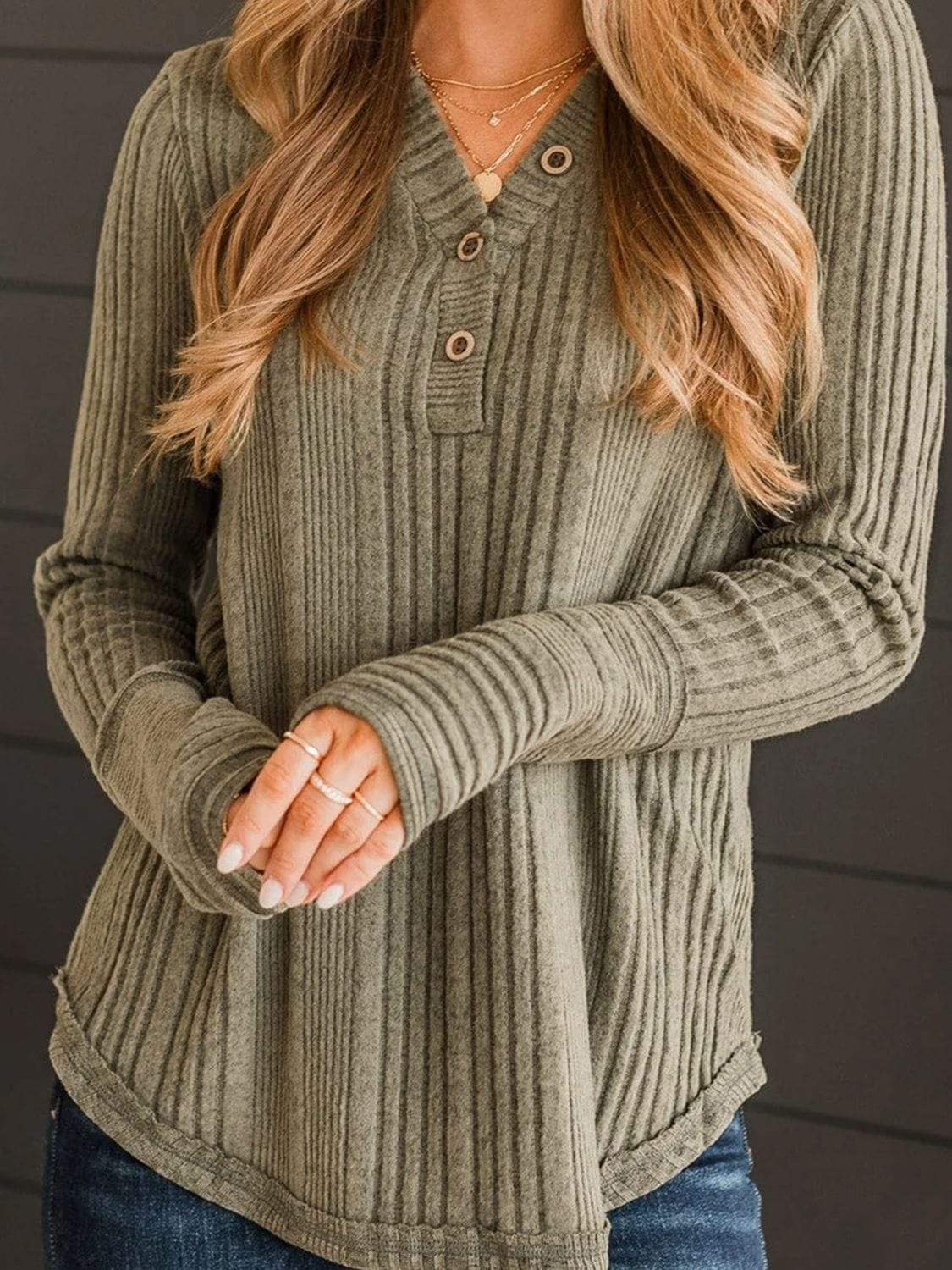 Textured V-Neck Long Sleeve T-Shirt - Trendsi - Flyclothing LLC
