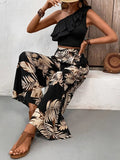 Ruffled Sleeveless Top and Printed Pants Set - Trendsi
