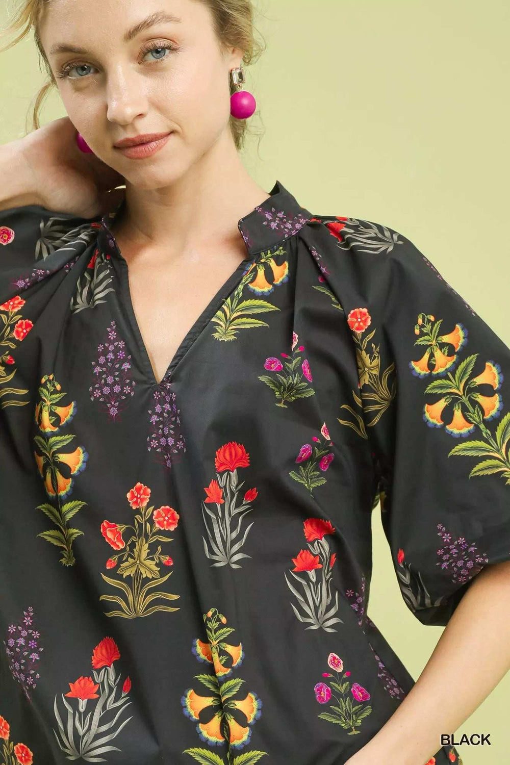 Umgee Floral Print Puff Sleeve Scallop Hem Blouse - Trendsi - Flyclothing LLC