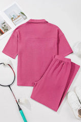 Solid Color Textured Buttoned Shirt and Casual Pants Set - Trendsi - Flyclothing LLC