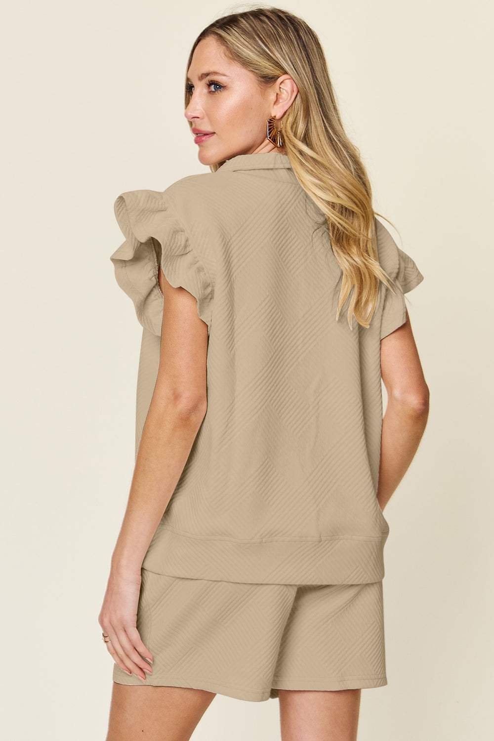 Double Take Full Size Texture Flounce Sleeve Top and Drawstring Shorts Set - Trendsi - Flyclothing LLC