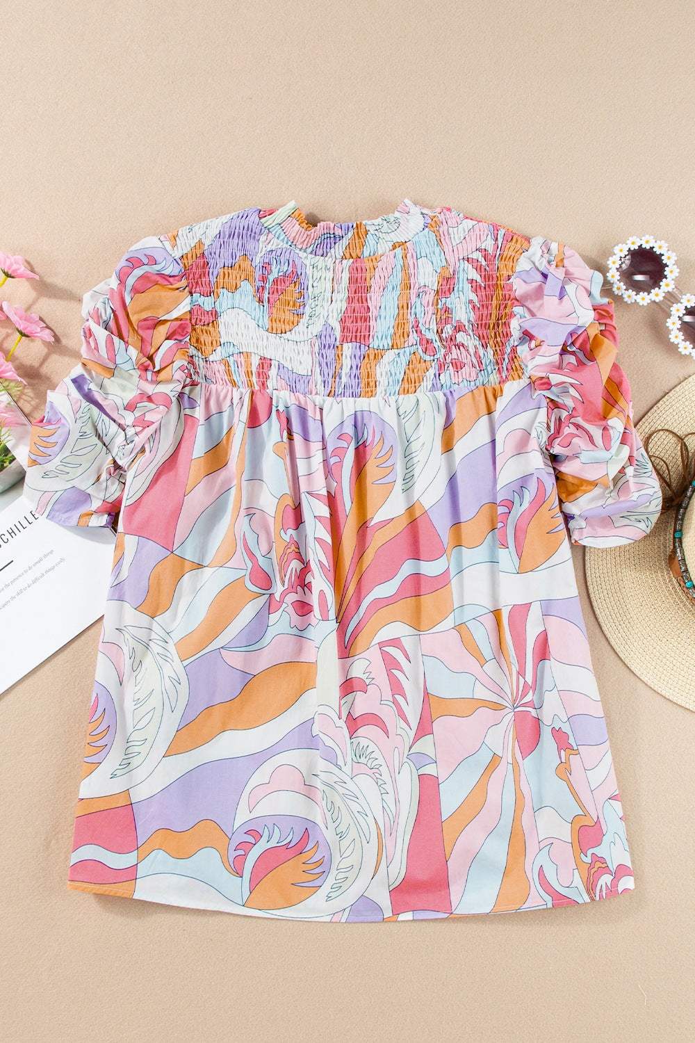 Smocked Round Neck Short Sleeve Blouse - Trendsi - Flyclothing LLC