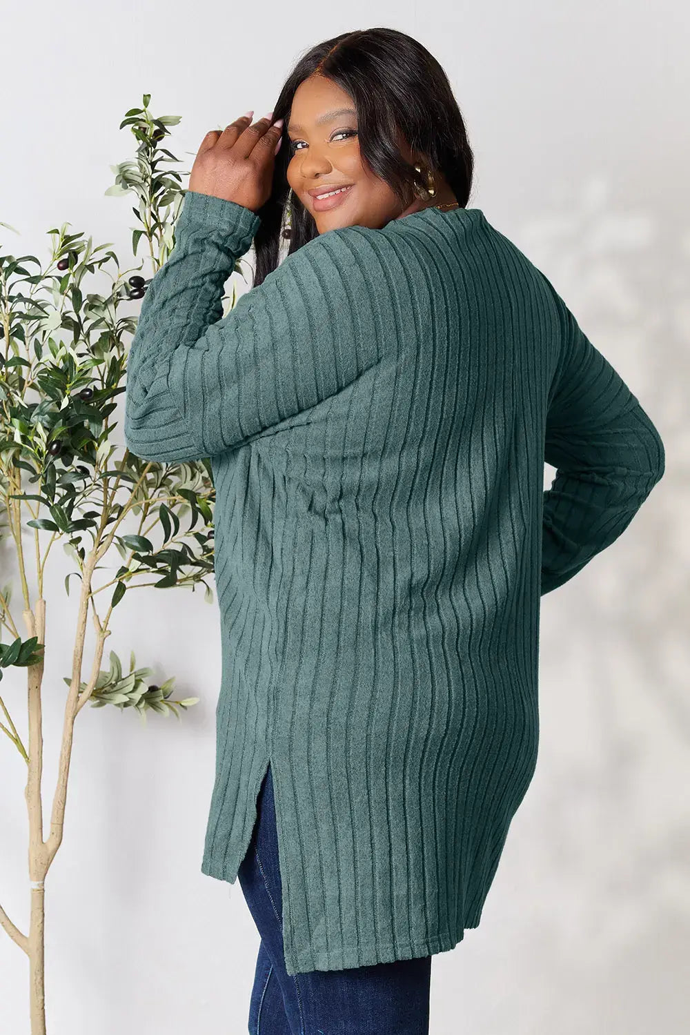 Basic Bae Full Size Ribbed Round Neck Long Sleeve Slit Top - ShopBasicbae - Flyclothing LLC