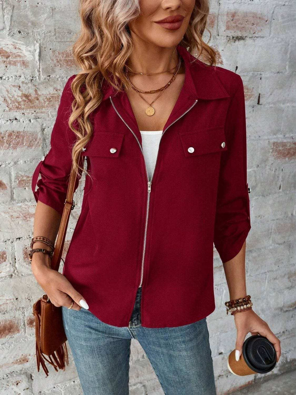 Zip Up Collared Neck Roll-Tab Sleeve Jacket - Trendsi - Flyclothing LLC
