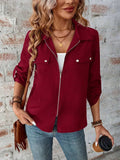 Zip Up Collared Neck Roll-Tab Sleeve Jacket - Trendsi - Flyclothing LLC
