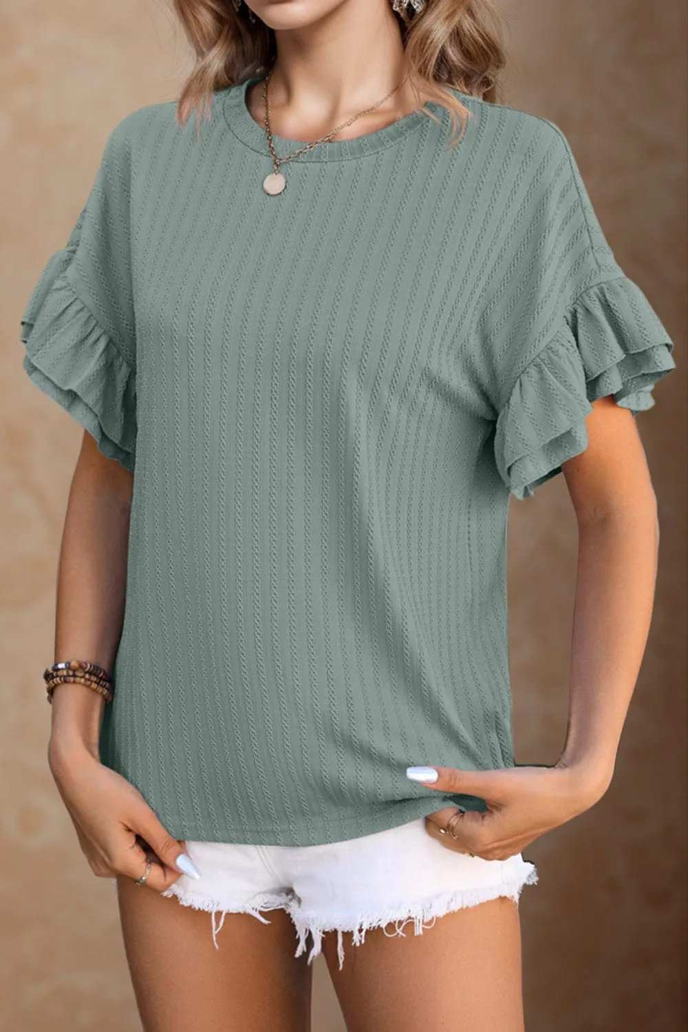 Round Neck Flounce Sleeve Blouse - Trendsi - Flyclothing LLC