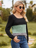 Color Block Square Neck Long Sleeve T-Shirt - Trendsi