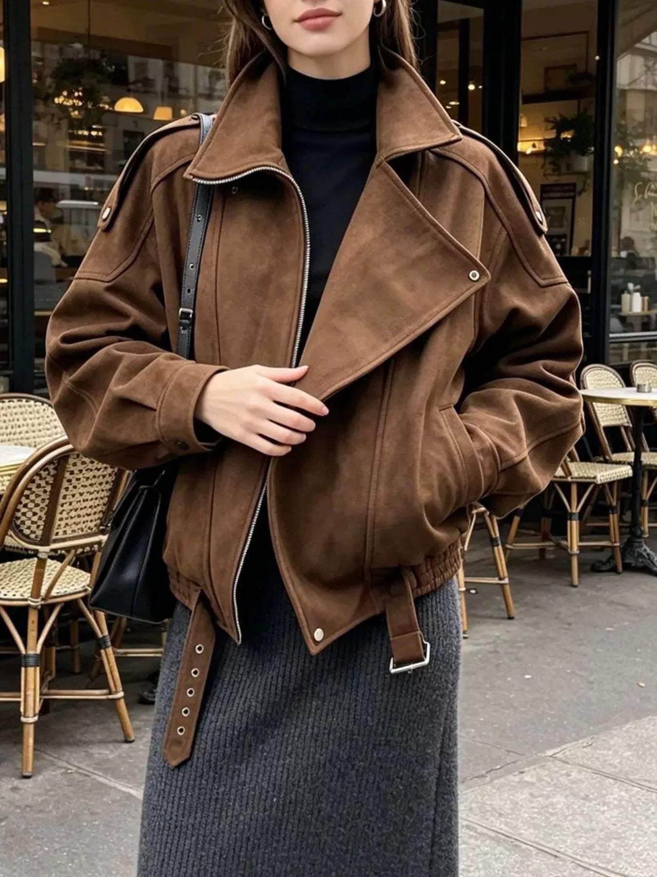Asymmetrical Zipper Moto Jacket with Belt Detail - Trendsi - Flyclothing LLC