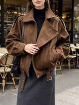 Asymmetrical Zipper Moto Jacket with Belt Detail - Trendsi - Flyclothing LLC