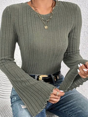 Ribbed Round Neck Flare Sleeve T-Shirt - Trendsi